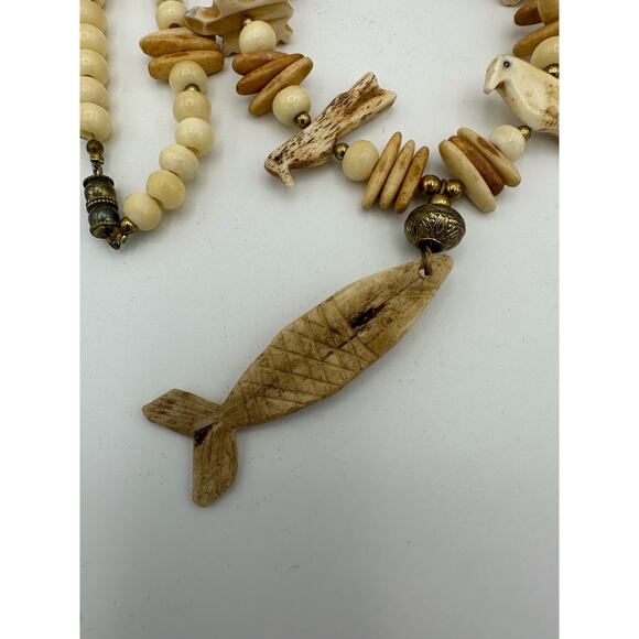 Vintage Navajo Carved Bone Necklace 13" Fish, Bird, Turtle, Bear, Lion - Picture 5 of 10